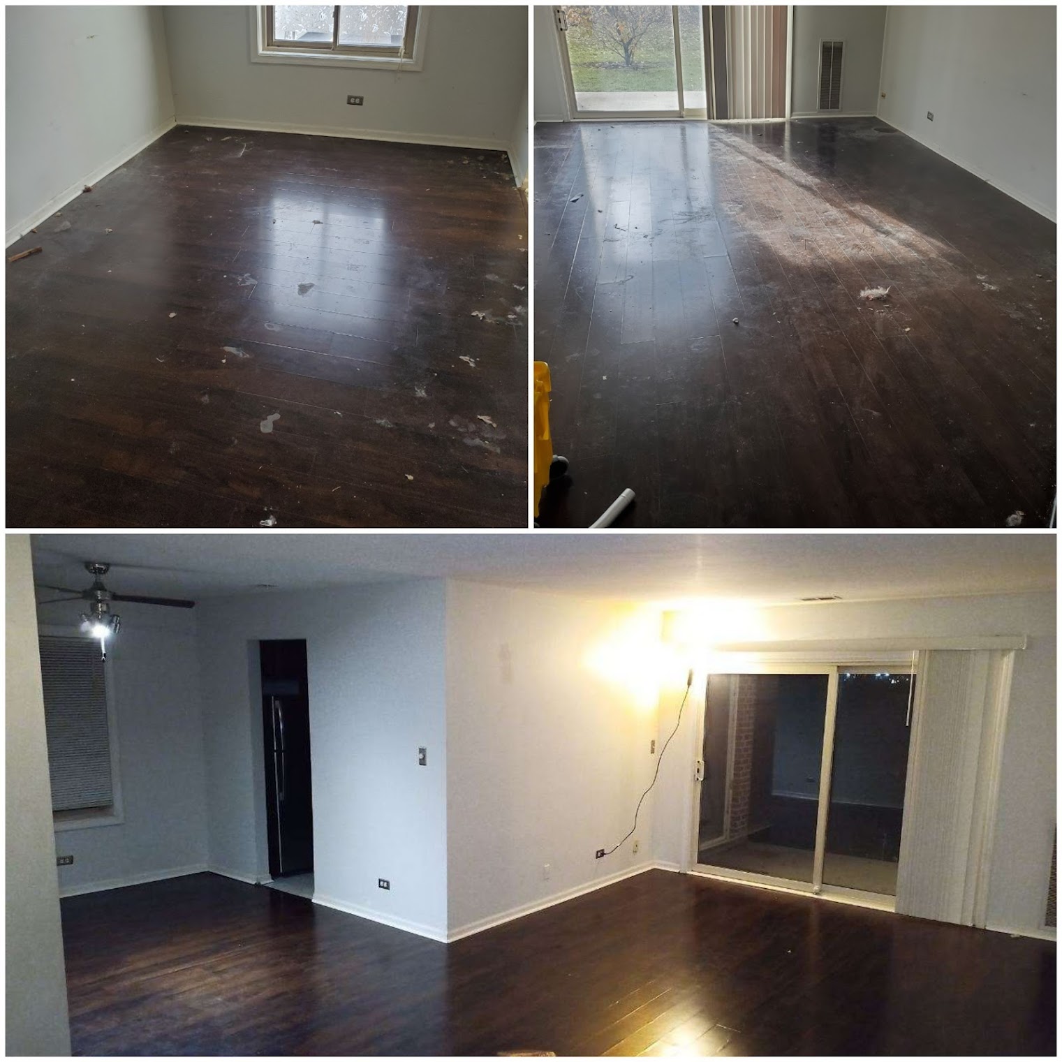 Hardwood floors before restoration: dark finish with paint splatter and debris
